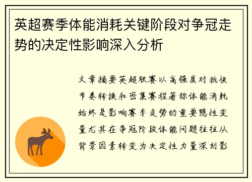 英超赛季体能消耗关键阶段对争冠走势的决定性影响深入分析